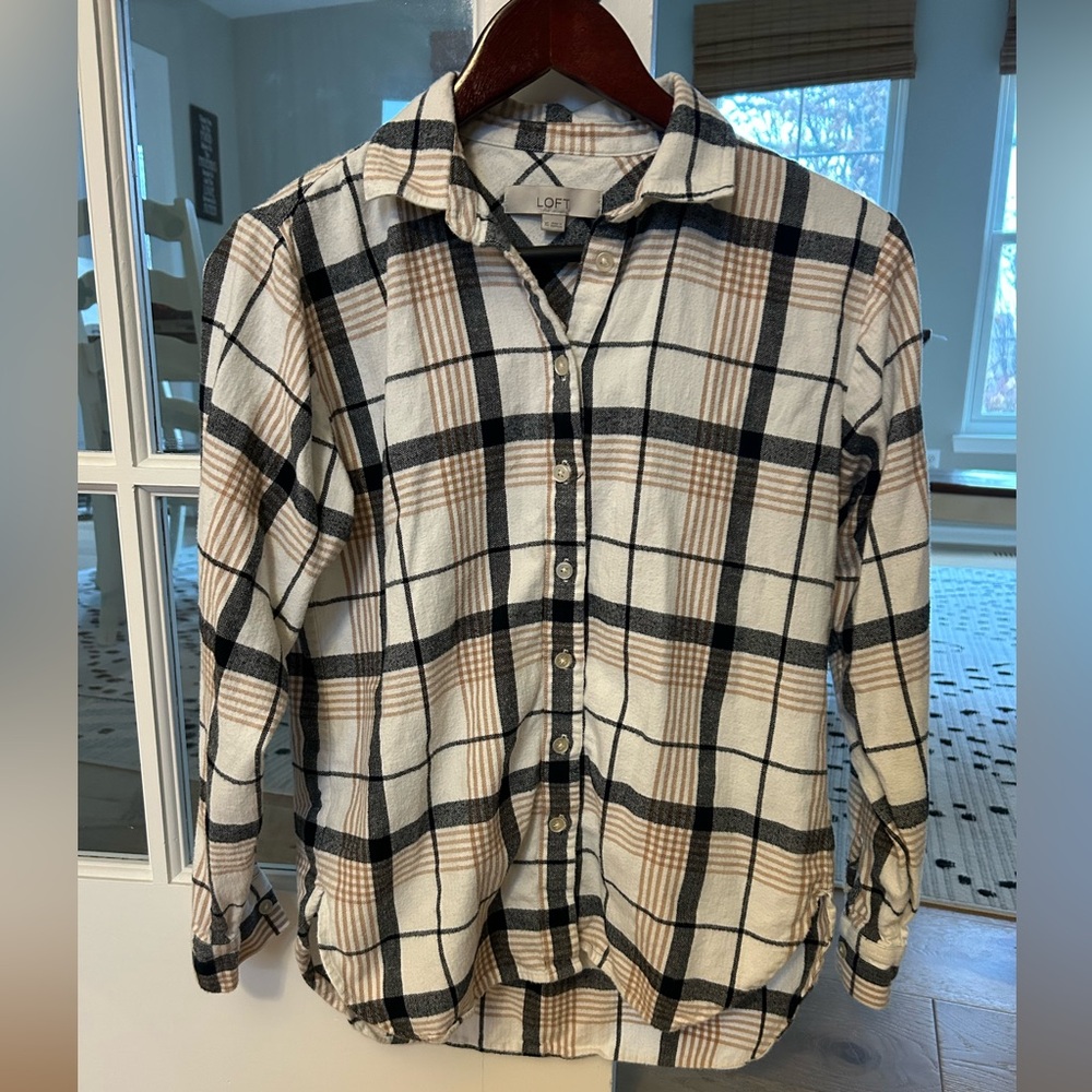 LOFT White, Beige and Black Plaid Flannel Shirt Size XS - Picture 2 of 7